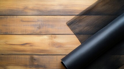 Obraz premium Close-Up View of Textured Black Material Rolled on Natural Wood Surface for Creative Design Projects or Home Interior Decoration Ideas
