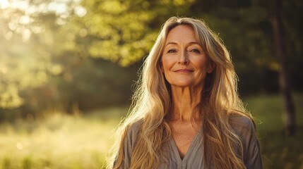 Naklejka premium Mature Woman Smiling Outdoors in Natural Light