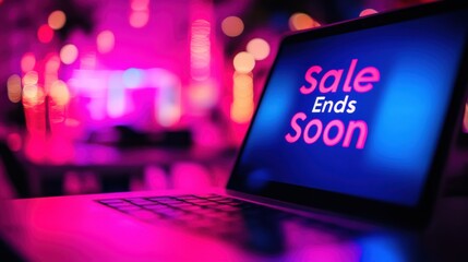 Colorful Laptop Displaying a "Sale Ends Soon" Message with Vibrant Background Lights to Create a Sense of Urgency and Excitement for Shoppers