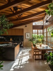 Fototapeta premium The image depicts a bright interior featuring a modern wooden kitchen