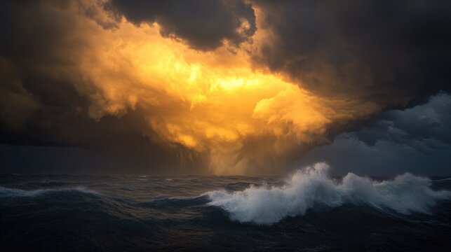 Dramatic clouds illuminated by golden glow create stunning seasc