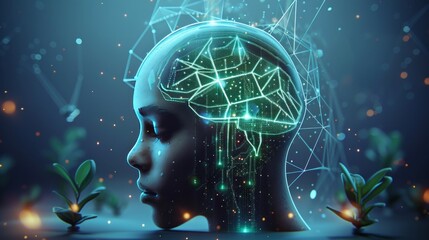 A digital depiction of a human face integrated with futuristic AI and technological elements, glowing orange eyes.