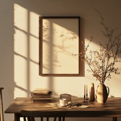 A framed white picture is on a wall. A vase with flowers is on a table. A chair is next to the table