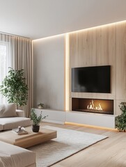 Modern living room interior featuring a built in fireplace and television