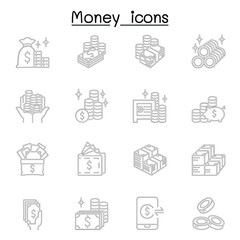 Money, cash, currency & coin icons set in thin line style