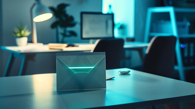 A glowing blue envelope sits on a white desk in a dark office.