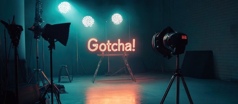 A cinematic image of a studio set with lighting equipment and the neon text Gotcha! displayed on a table