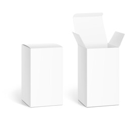 Realistic white open and closed paperboard box mockup. Front view. Vector illustration isolated on white background. Taking your 2D designs into 3D. Can be use for pharmacy, cosmetic, food. EPS10.	