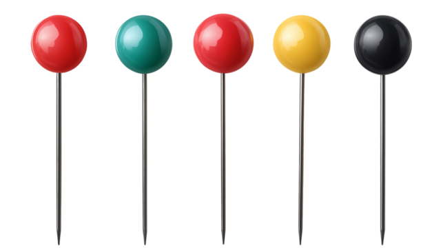 Colorful Round Pins Metal Design Objects red set dark green isolated on transparent background - Powered by Adobe