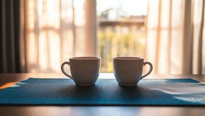 Fototapeta premium Two cups of coffee on a table near a window, sunlight streaming through