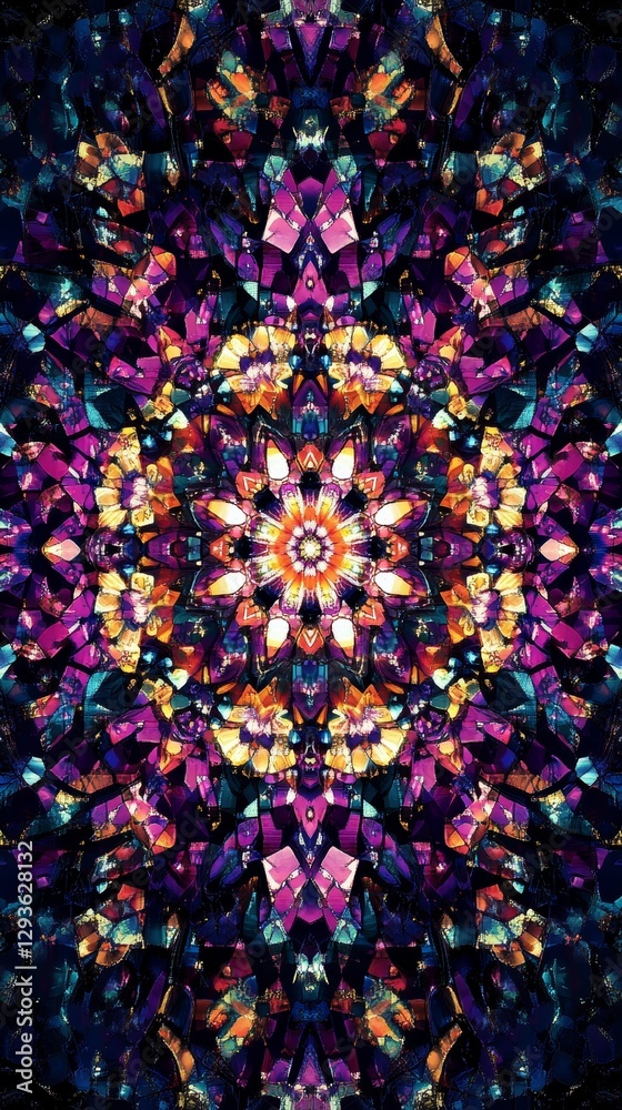 Poster Abstract kaleidoscope pattern with vibrant colors and symmetrical geometric shapes. Modern digital art concept