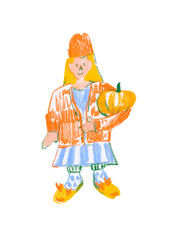Girl with pumpkin drawn with wax crayons isolated background. Autumn illustration with a person in oil pastel children's style