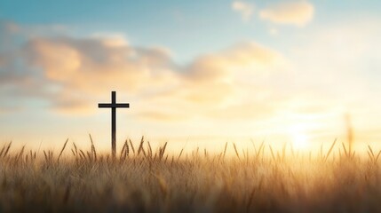 Sunset Over Wheat Field with Cross Silhouette Against Sky