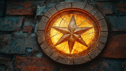 Glowing Star Embossed in Ancient Brick Wall