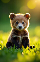 Drawing a sweet little cub of a bear sitting on the grass, a green background