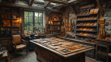 a warm and inviting leatherworking workshop showcasing handcrafted leather bags, wallets, and accessories. wooden shelves and workbenches are filled with artisanal tools, while natural light filters t