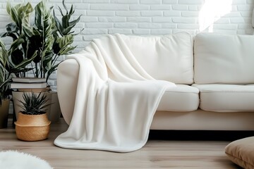 Cozy Living Room Scene: A comfortable off-white couch draped with a soft blanket, accompanied by potted plants, creating a serene and inviting ambiance. 