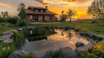 Fototapeta premium Sunset Serenity: Stone House, Pond Reflection, and Vibrant Sky