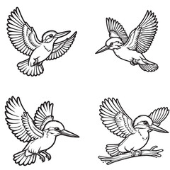 High-Quality Cute Cartoonic Kingfisher Flying Pose Outline Vector Illustrations