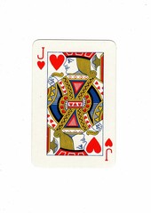 A vintage playing card isolated in the centre of a white background.