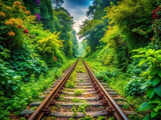 Obraz premium Overgrown Railway Tracks Leading to Adventure