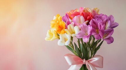 Obraz premium A bouquet of mixed freesias tied with a satin ribbon, standing elegantly on a soft gradient background