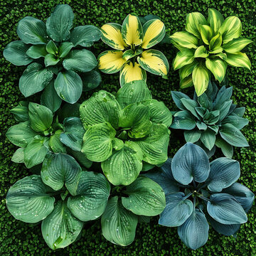 A mixed garden selection of plants with colorful hostas blooming in the shade.