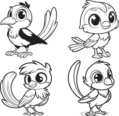 High-Quality Cute Cartoonic Magpie Standing Pose Outline Vector Illustrations