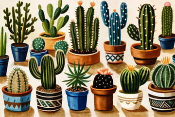 cactus in pots on funny background cartoon illustration