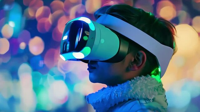 Child in 3D virtual reality glasses on a blurred bright background. Concept of developing games for children in online reality.