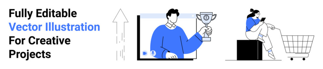 Man holding trophy emerging from screen, woman on box with mobile and cart, upward arrow. Ideal for success, online shopping, achievement, marketing, e-commerce, progress flat landing page banner