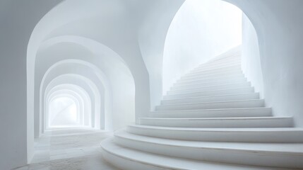 Obraz premium White arched hallway with spiral staircase. Ideal for architectural, interior design, or conceptual photography