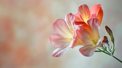 A freesia bloom captured mid-motion, petals gently fluttering in an invisible breeze, set against a muted background