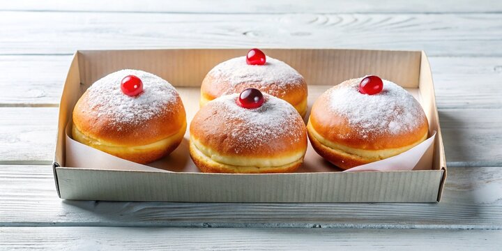 Set of three jelly-filled sufganiyot doughnuts in a box