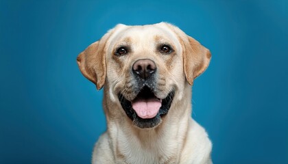 Happy Labrador Retriever Dog Beaming in Front of Tranquil Blue Background Joyful Pet Portrait Radiating Positivity and Vibrancy