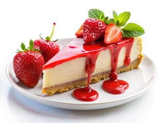 Slice of Strawberry Cheesecake with Strawberry Sauce and Berries