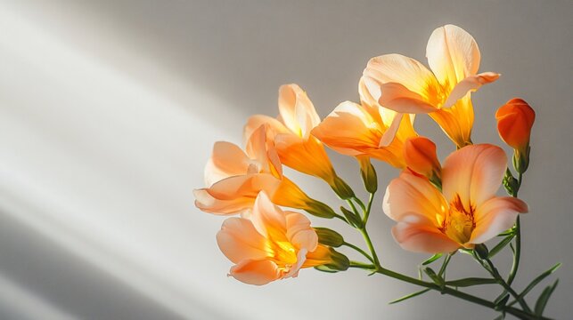 A golden hour photograph of freesias bathed in warm sunlight, creating a stunning contrast against a light gray backdrop