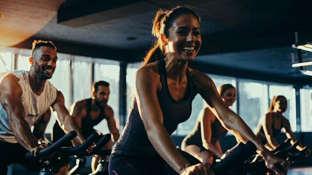 Group cycling class with energetic participants, captured in a low-angle shot. The video showcases a vibrant, motivational fitness atmosphere.