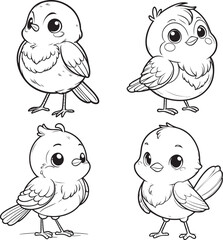 Cute Cartoonic Robin Standing Pose Outline Vector Illustrations
