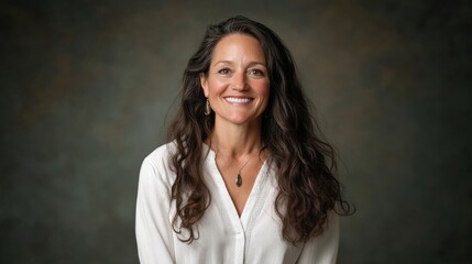 Fototapeta premium A Smiling Woman With Long Brown Hair Wearing A White Shirt
