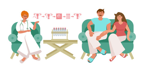 Married couple in the office of a reproductive specialist in a clinic, discussing infertility and pregnancy planning, in vitro fertilization - vector color flat illustration