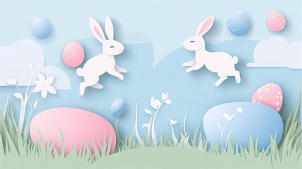 Easter card design: pink and blue eggs with lively bunnies. Simple design, paper-cut style. Suitable for various Easter-themed applications to convey Easter wishes.