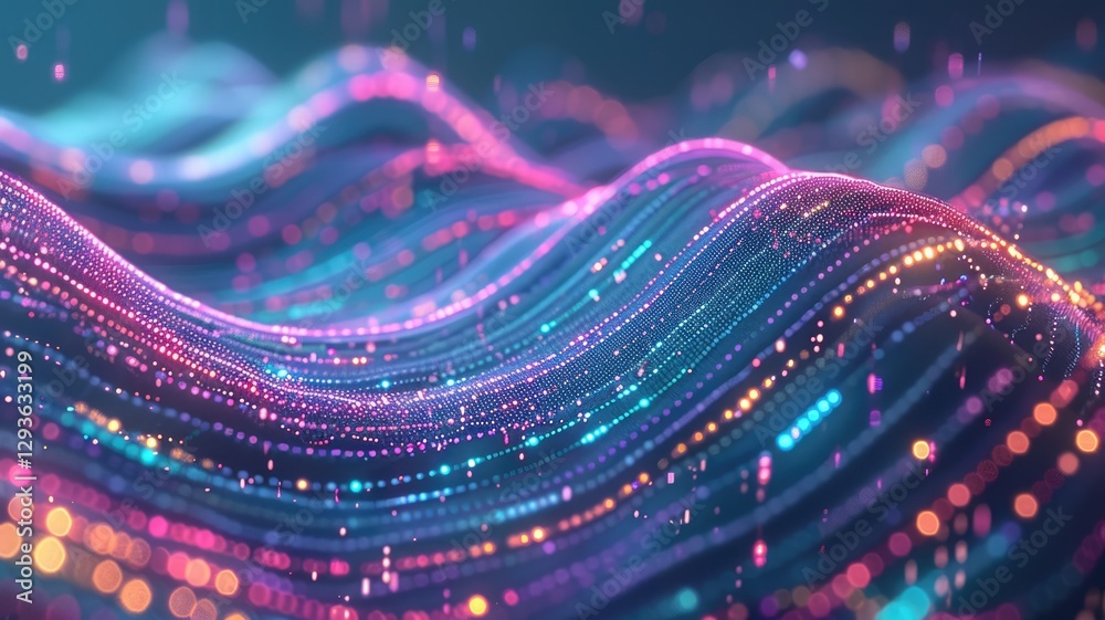 Poster abstract picture micro light sparkling particle represent data flow vivid flowing wave with high tec
