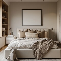 A bedroom with a white bed and a white nightstand. A framed picture is on the wall