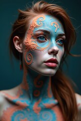 Redhead model showing artistic fractal make-up in orange and turquoise