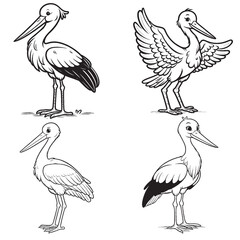 High-Quality Cute Cartoonic Stork Standing Pose Outline Vector Illustrations