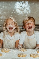 Joyful children covered in flour, laughing while baking cookies