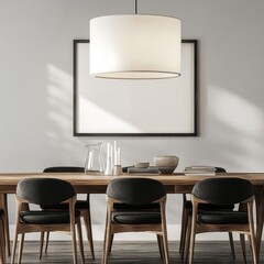 A table with four chairs and a lamp hanging above it. The table is surrounded by a white frame