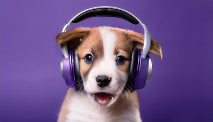 Adorable Puppy Jammin Out in Vibrant Purple Studio, Joyful Canine Rockin Headphones against a...