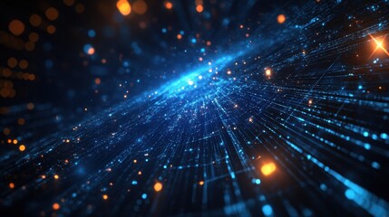 Naklejka premium This visually captivating image showcases vibrant blue and orange light particles streaking through a dark background, creating a dynamic sense of movement and energy.